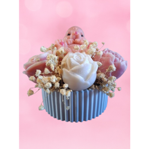 Bouquet fondant Jasmin Magnolia avec lapin rose et fleurs sculptées, édition Pâques.