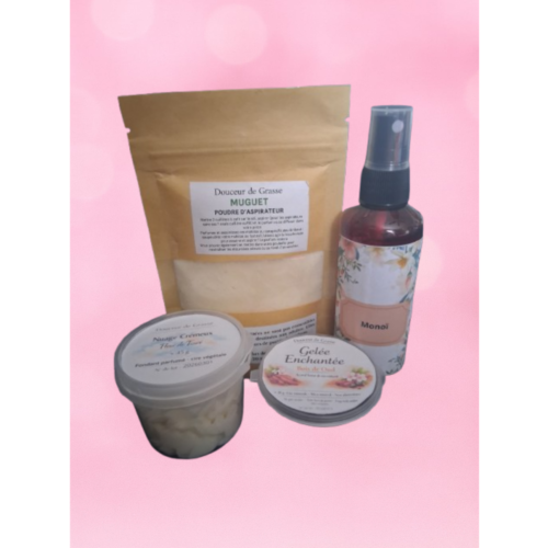 Coffret découverte personnalisable – 4 produits parfumés artisanaux Coffret découverte personnalisable avec brume, poudre parfumée, fondant Jelly et fondant crémeux en gros plan